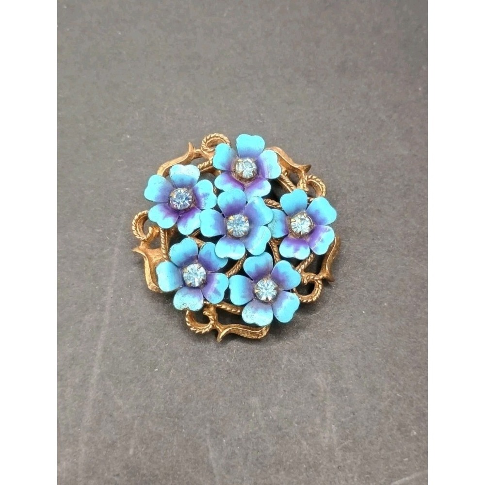 Avon Blue Purple Enamel Flower Brooch Rhinestones Gold Tone Vintage